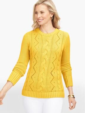 Talbots chunky cableknit CREWNECK SWEATER yellow long sleeve cotton XL petite